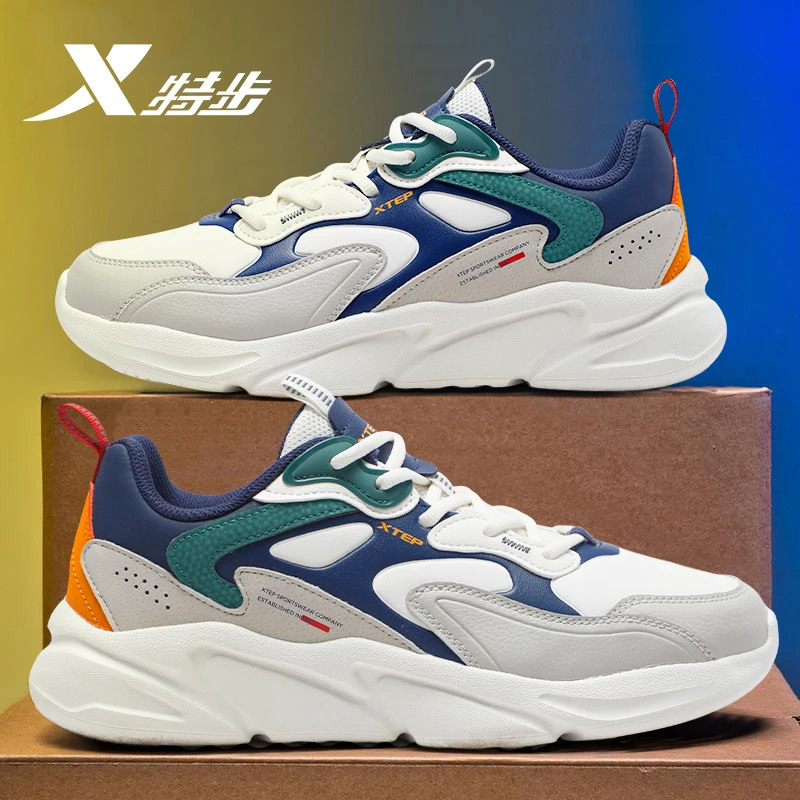 特步男鞋皮面防水老爹鞋男正品复古厚底休闲鞋子男士运动休闲跑鞋