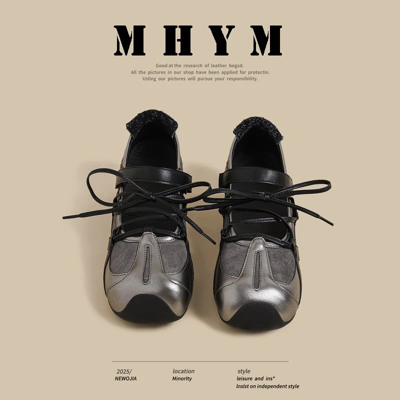 芭蕾风德训鞋女2025夏季新款黑色交叉带魔术贴网面浅口玛丽珍单鞋