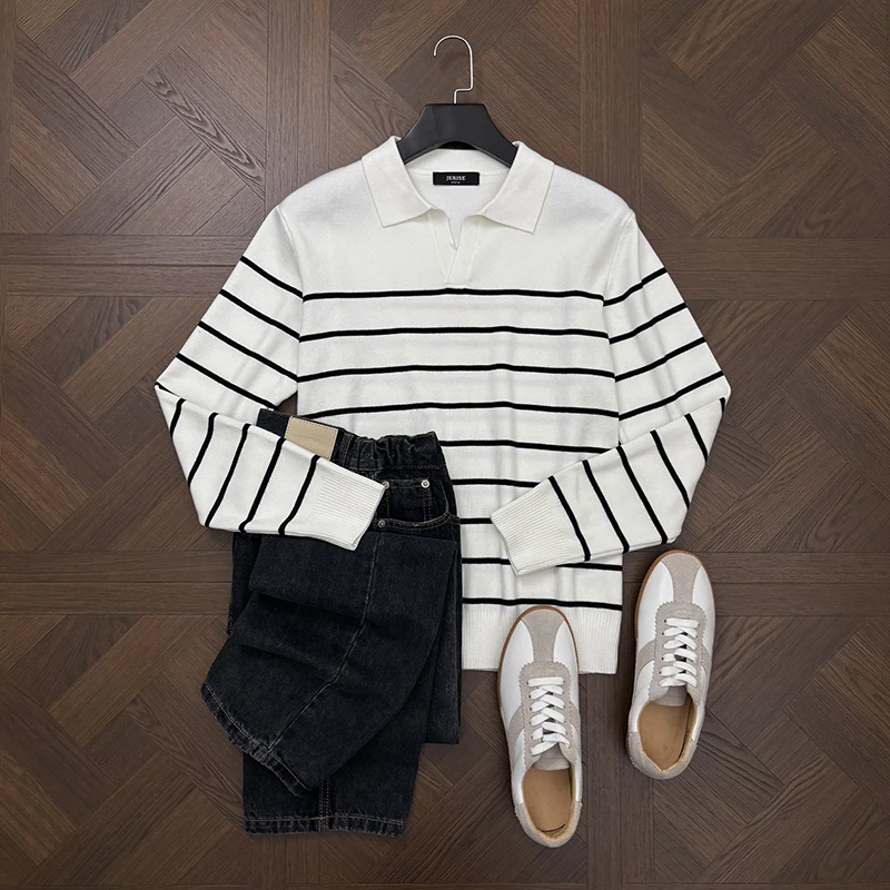 LANSIM·秋冬季男士条纹V领针织毛衣通勤休闲保暖翻领羊毛衫