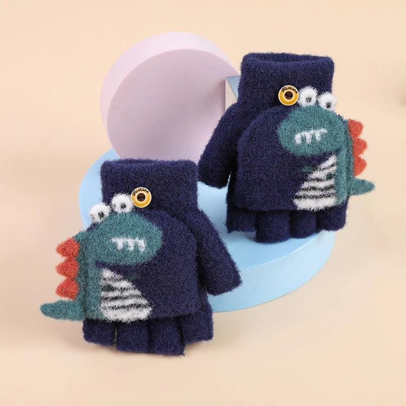 儿童冬季手套保暖可爱卡通鳄鱼露指恐龙翻盖半指毛线男女童学生款