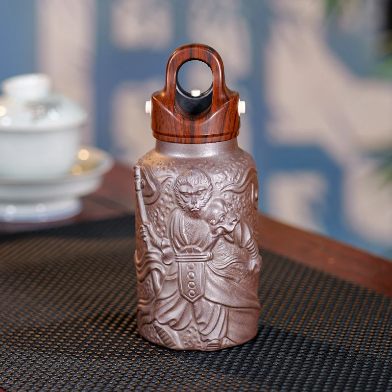 单层 柴烧 大圣 手工浮雕悟空 紫砂杯复古随行杯茶道全手工创意