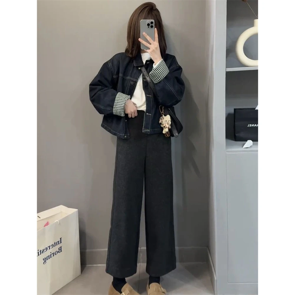 宽松休闲夹棉加厚牛仔外套女2025秋冬新款拼接格子夹克棉服上衣潮