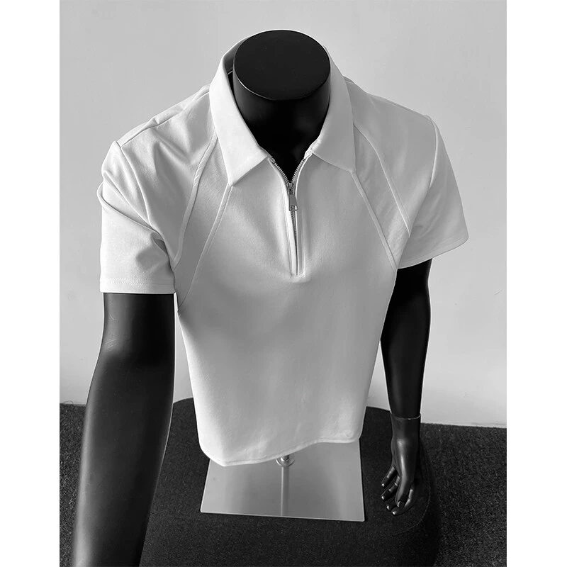 白色太空棉短袖polo衫男款夏季高级感半拉链正肩t恤解构拼接半袖