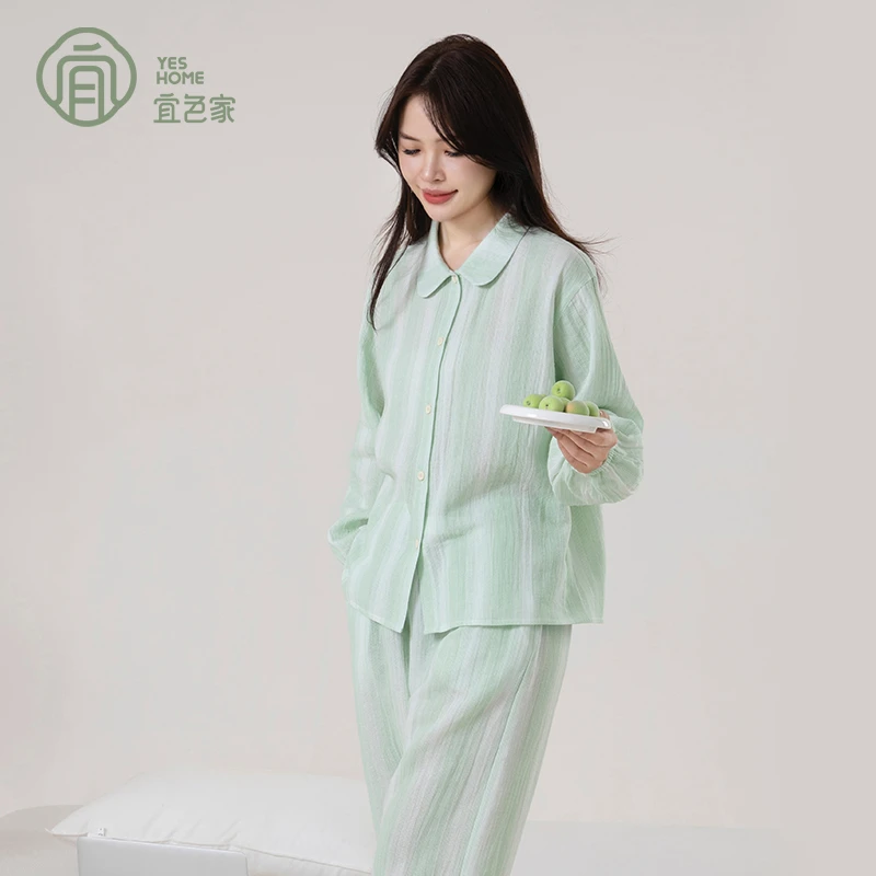 宜色家情侣纯棉睡衣女春秋季女款爆款2025新款大码透气家居服套装