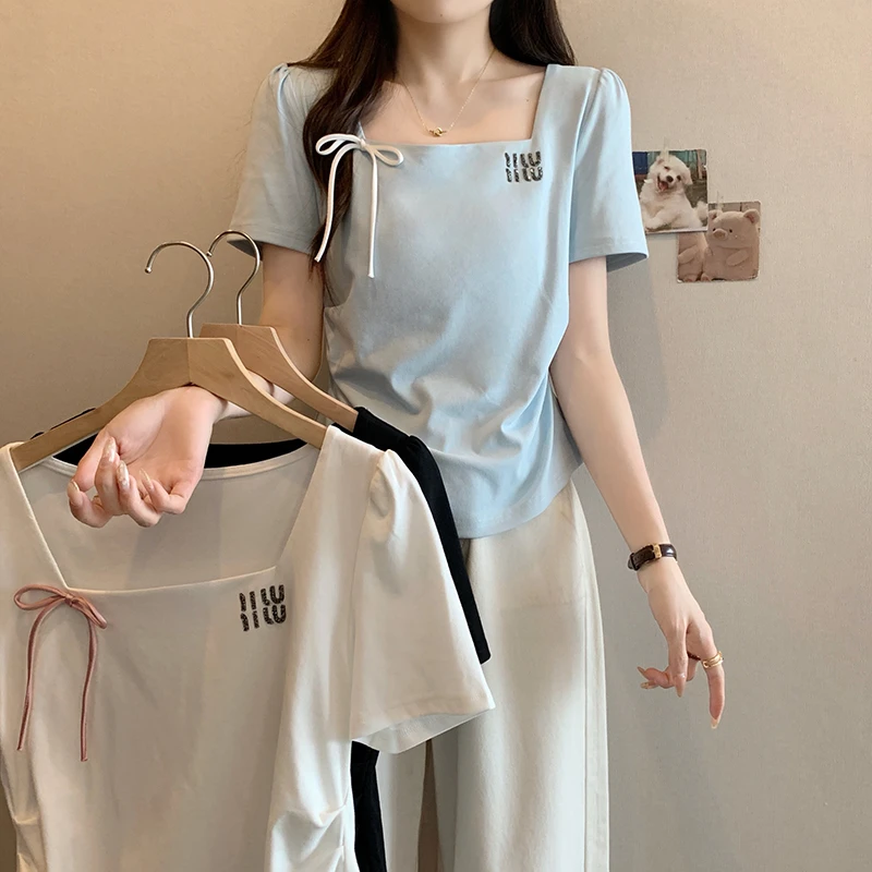 2025夏装新款胖mm大码女纯欲字母重工镶钻方领短袖T恤A1099