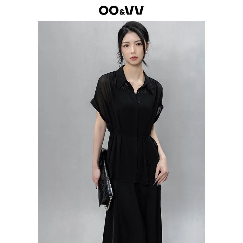 OO&VV黑色柔软收腰衬衫+吊带连衣裙女2025夏季新款气质薄款2件套