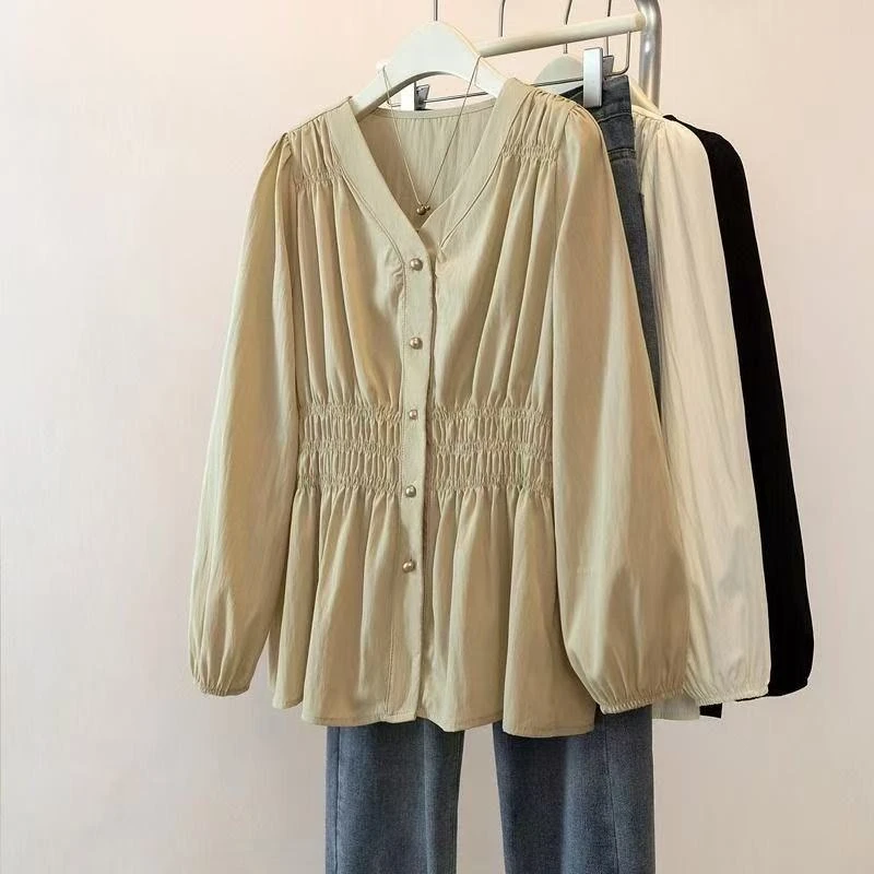 大码女装秋季收腰褶皱2025新款胖mm遮肚上衣藏肉显瘦减龄长袖衬衫