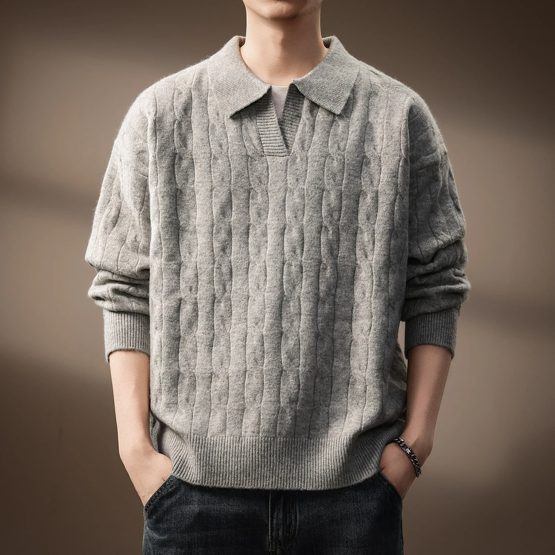 高端老钱风肌理感Polo领毛衣男秋冬复古Cleanfit百搭休闲针织上衣
