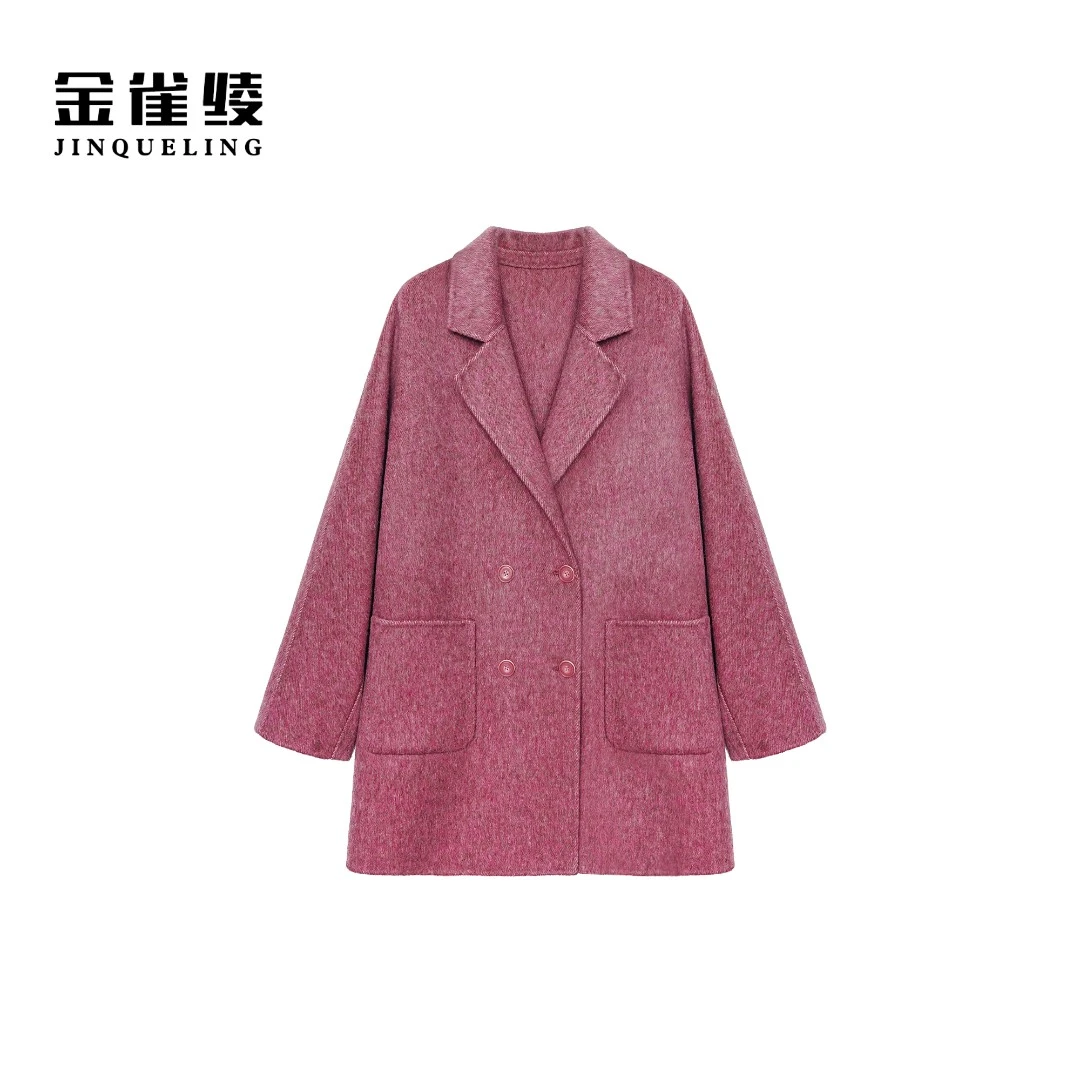 金雀绫【粉蔷薇】设计师气质百搭休闲加宽加大毛呢外套SZA4MY658