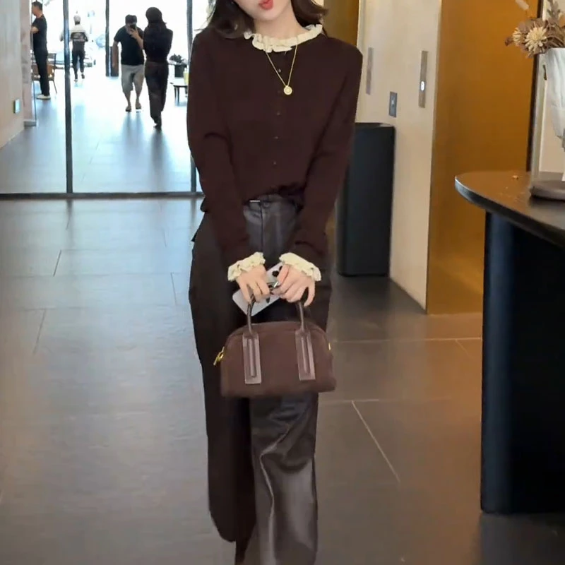 2025秋新款拼接针织衫韩系打底木耳边领口单排扣毛衣潮流小衫女