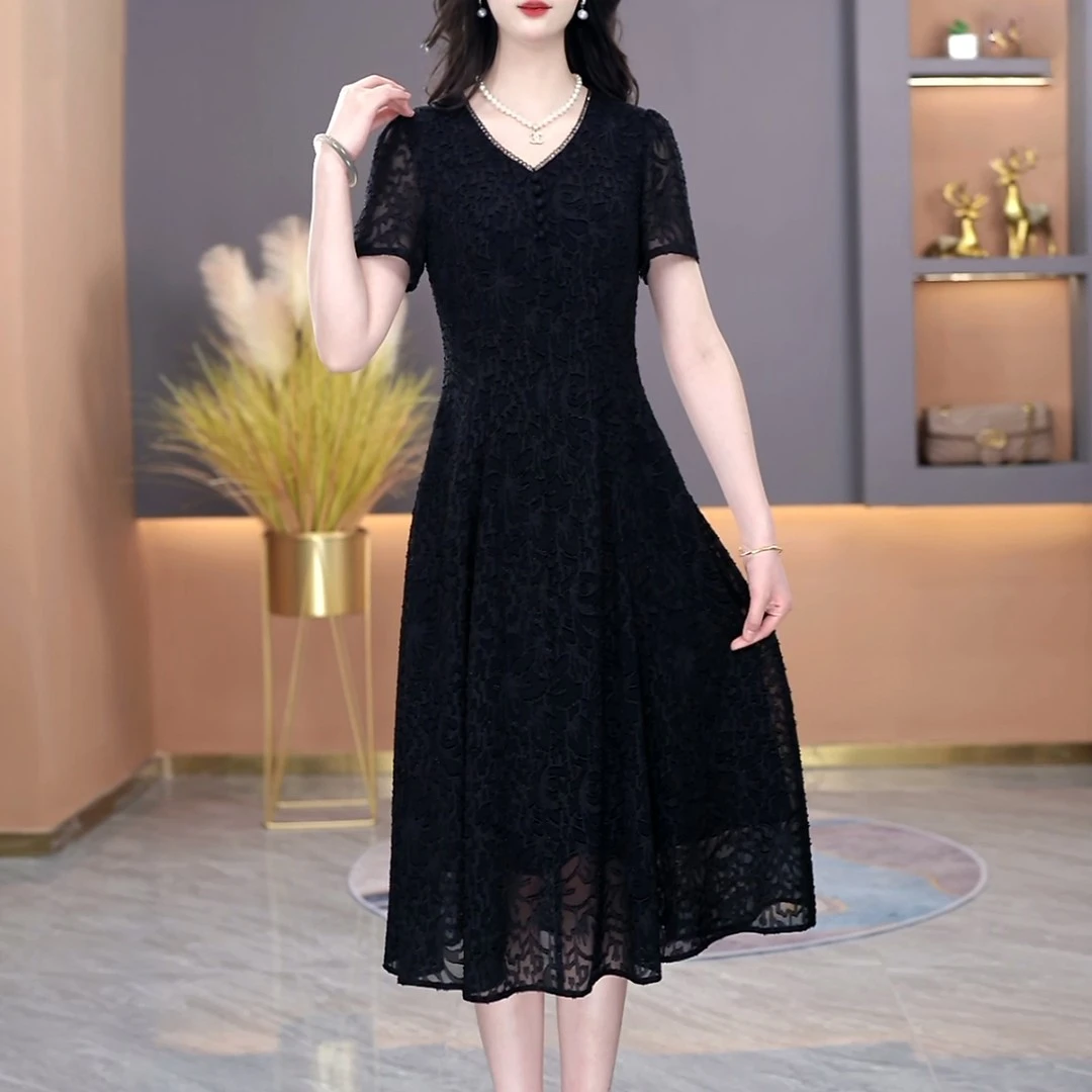 夏季新款黑色短袖V领百搭气质时尚减龄洋气妈妈装中长款连衣裙子