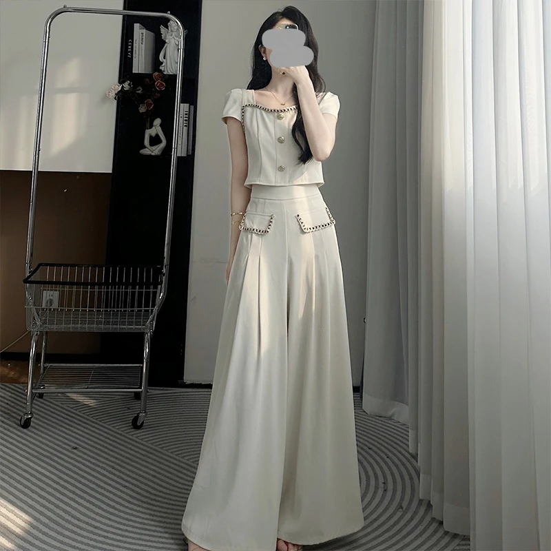 小香风气质名媛方领上衣阔腿裤女装2025夏季新款休闲知性高级套装