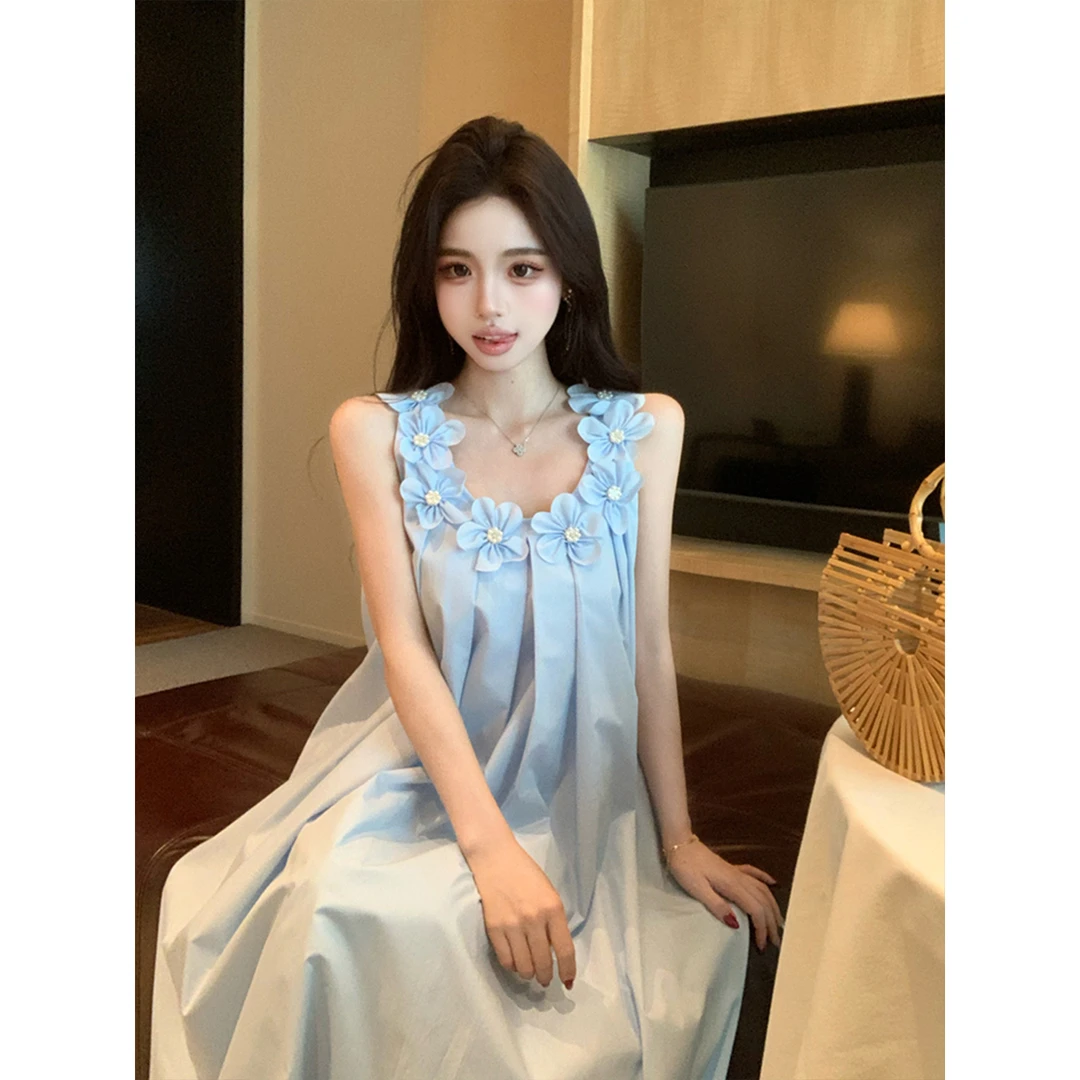 财阀千金女装白月光重工立体花朵仙女白色连衣裙女夏无袖吊带裙子
