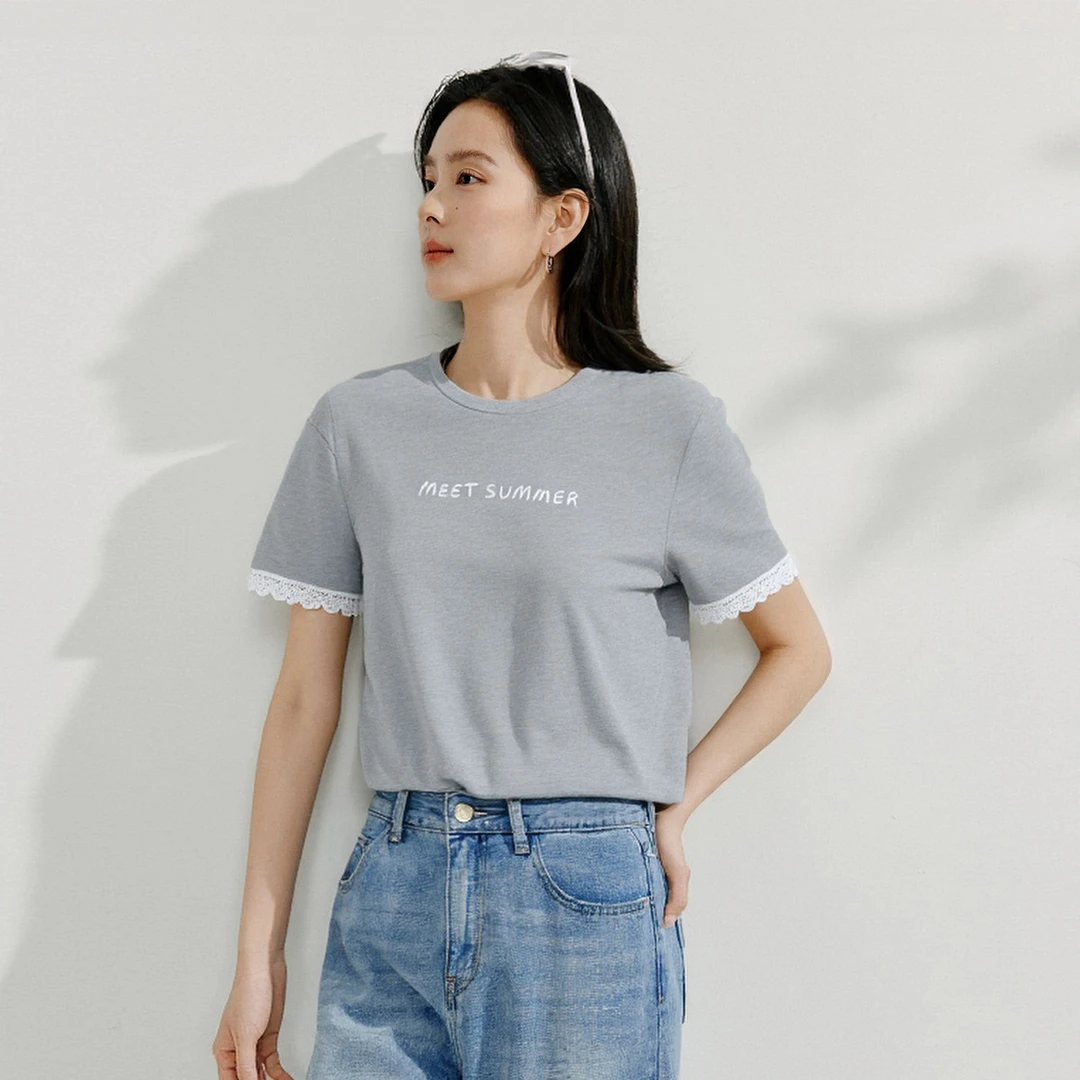 纯棉蕾丝拼接短袖T恤女2025夏季时尚字母绣花百搭休闲上衣