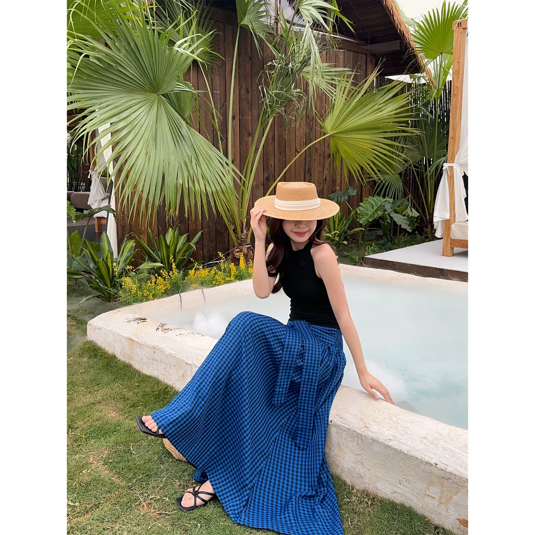 设计感蓝色格子半身裙女夏季新款韩版高腰显瘦垂感休闲百搭长裙