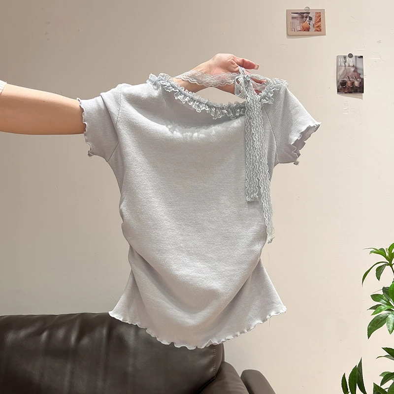 韩系拼接蕾丝斜肩高级感短袖T恤女2025夏季新款独特漂亮小众上衣