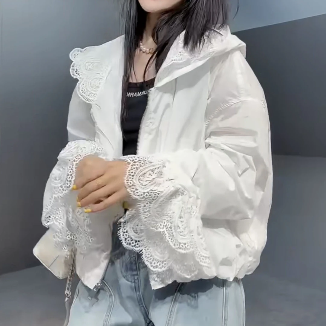 2025春夏新款韩版宽松休闲百搭连帽蕾丝拼接长袖防晒衣女外套