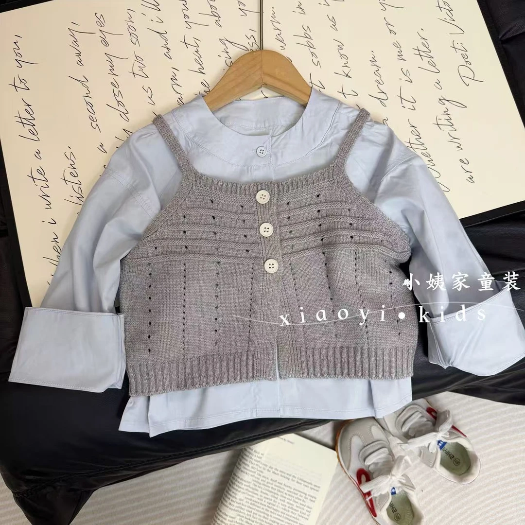 【真两件】秋上新女童针织背心开扣衬衣长袖两件套韩版女童洋气