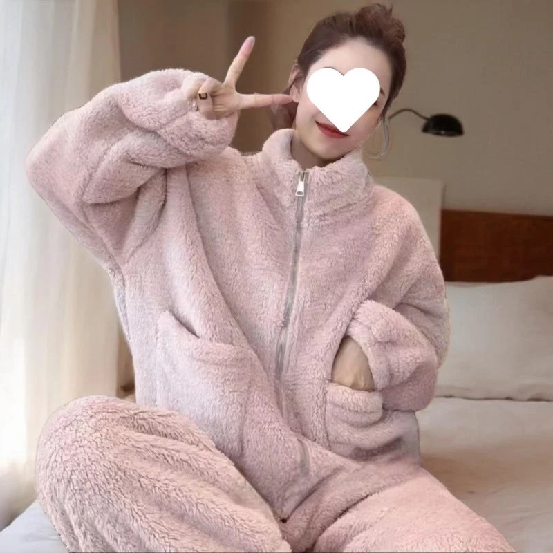 加绒睡衣女秋冬拉链家居服套装加厚珊瑚绒立领可外穿保暖居家套装