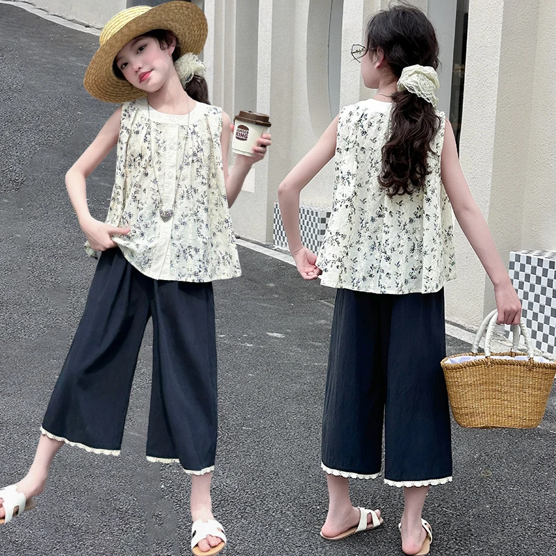 女童夏装新款套装中大童儿童洋气女孩碎花上衣阔腿裤两件套休闲潮