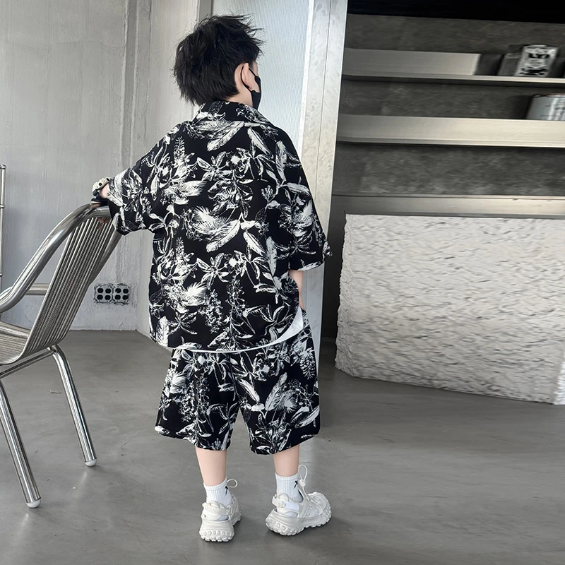 H3020（水墨羽毛）亲子中大童夏季韩版条纹度假风薄款短袖套装