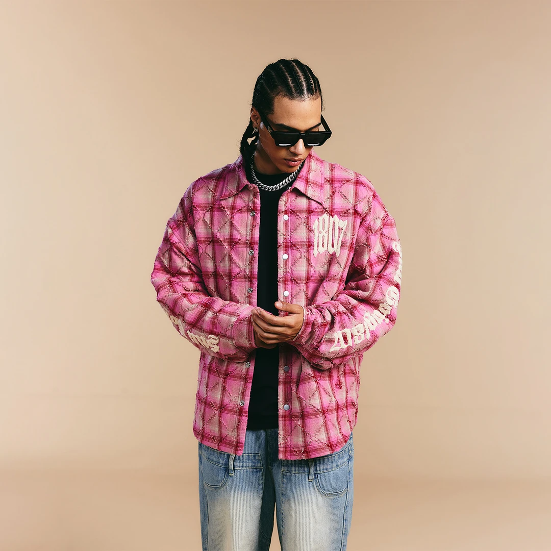 1807哥特毛巾绣夹棉衬衣外套秋冬新美式休闲复古粉色格纹衬衫男女