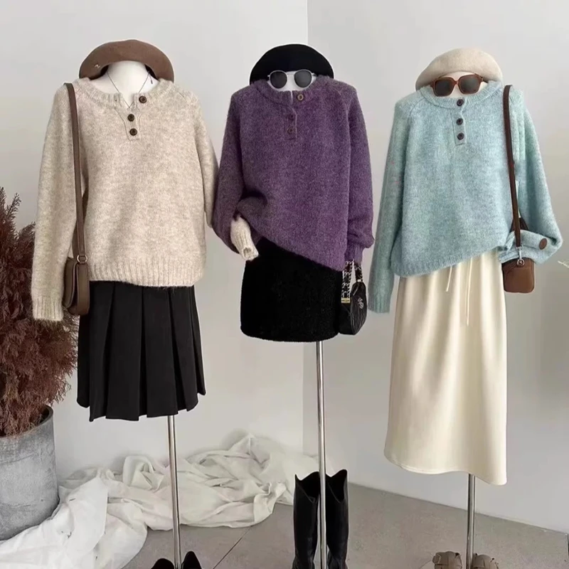 egg针织衫毛绒感套头半开圆领毛衣2025秋冬款纯色宽松慵懒风上衣