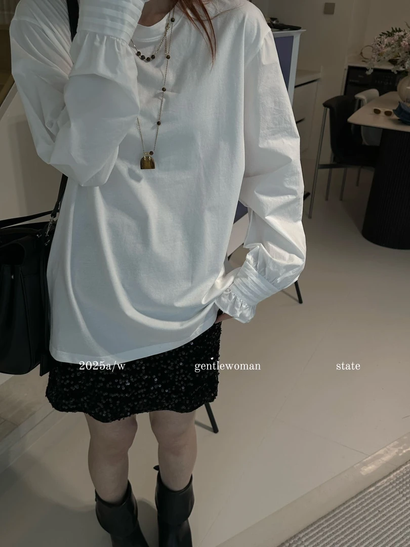 〔ONE花苞衬衫袖〕韩系圆领拼接花苞衬衫袖简约纯色宽松T