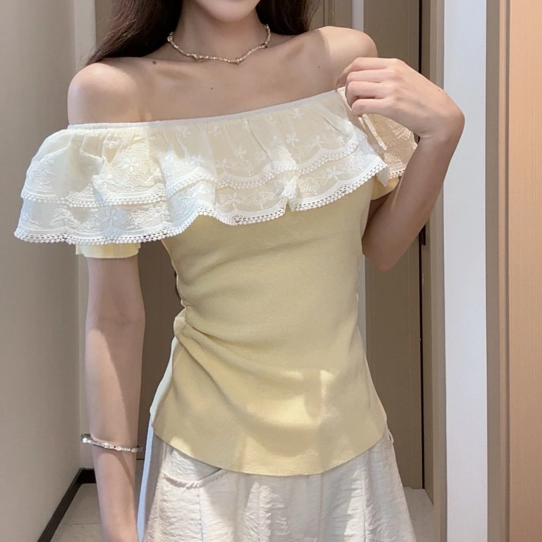 法式荷叶边一字肩上衣女夏季2025新款设计感修身显瘦气质别短袖辉