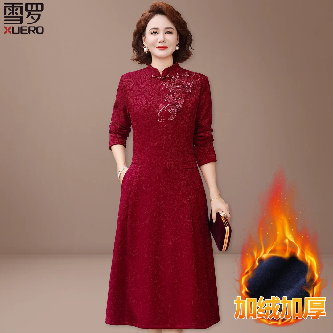 喜婆婆婚宴装2025新款礼服中老年妈妈冬装加绒加厚结婚连衣裙洋气