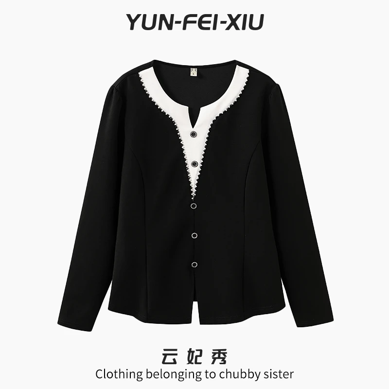 云妃秀大码女装T恤撞色显瘦高级感宽松有余量上衣胖妹妹秋季28116