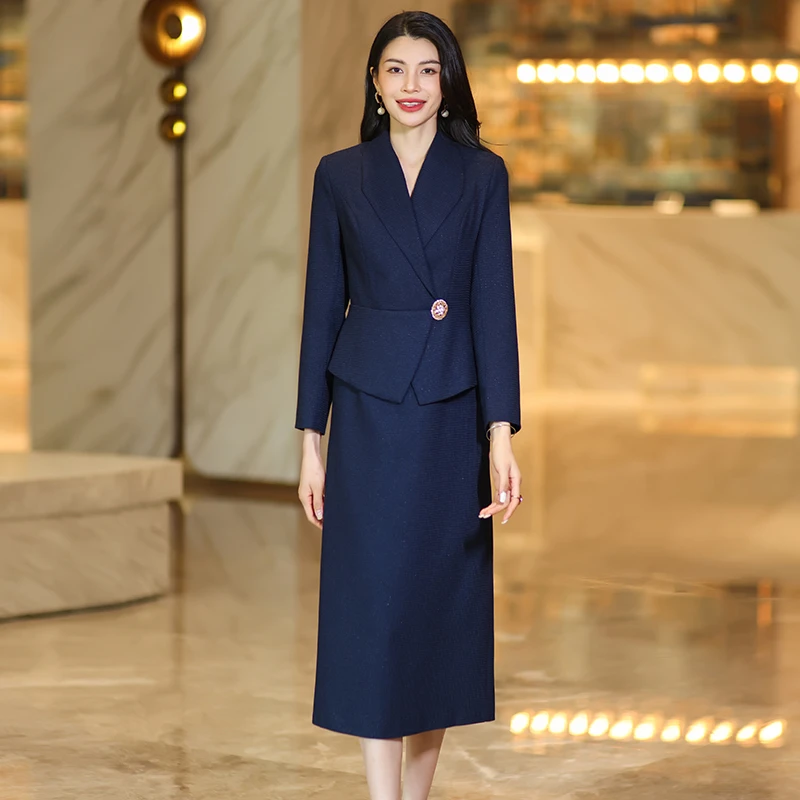 藏青色假两件长袖连衣裙女2025春秋新款气质减龄显瘦高级感中长裙