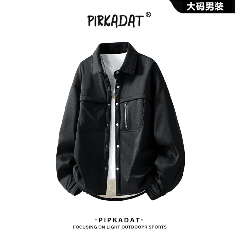 Pirkadat冬季加绒保暖棉衣新款纯色圆领棉服宽松潮流男士夹克外套