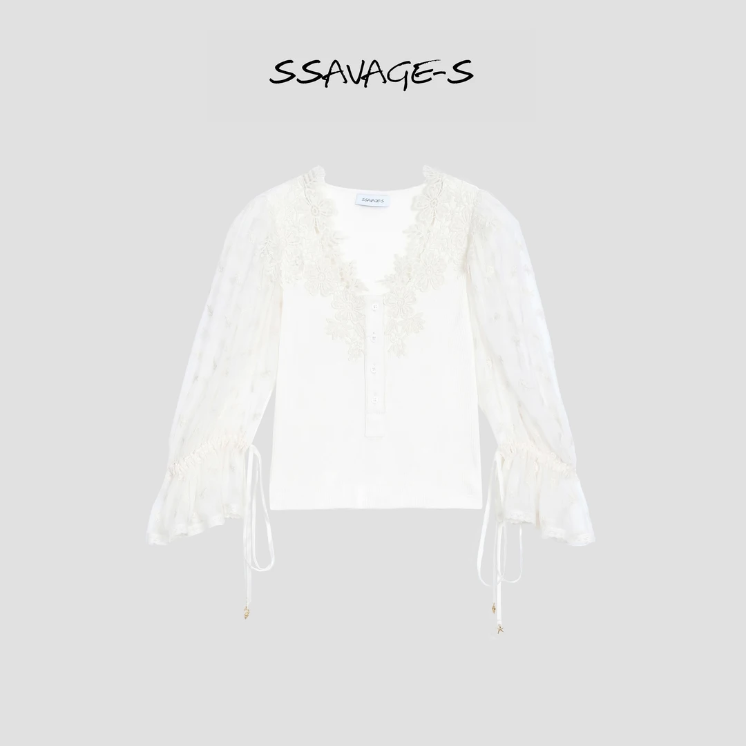 SSAVAGE“闭月羞花”南法度假立体花朵刺绣短袖衬衫 SS90764