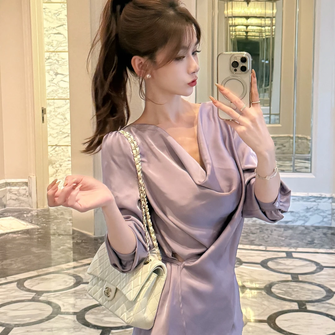 【水波鸢尾】荡领长袖设计感系带收腰高级感chic别致上衣