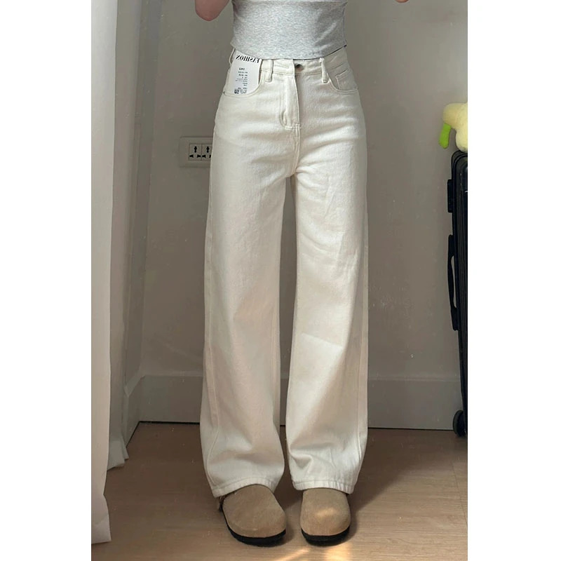白色窄版阔腿牛仔裤女冬季大码胖mm高腰垂感宽松梨形身材直筒裤子