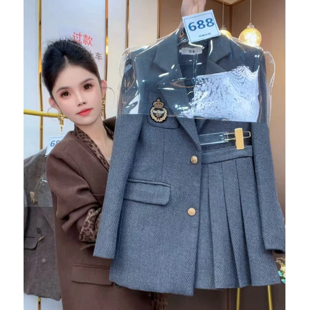 【加厚】学院风西服百褶裙套装女新款韩系显瘦气质穿搭