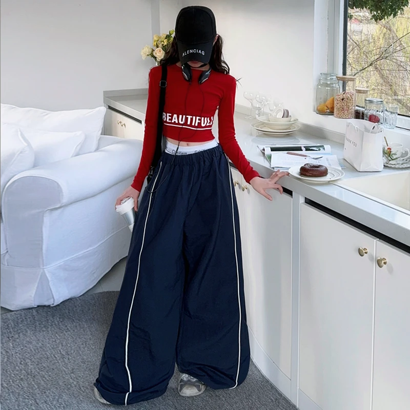 女童春短款美式长袖T恤阔腿裤中大儿童爵士街舞潮童打底衫拖地裤