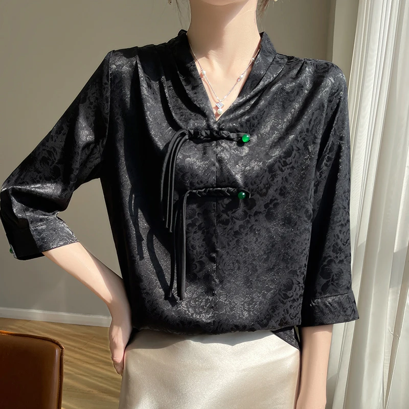 新中式提花衬衫七分袖上衣盘扣醋酸洋气气质宽松显瘦衬衣女设计感