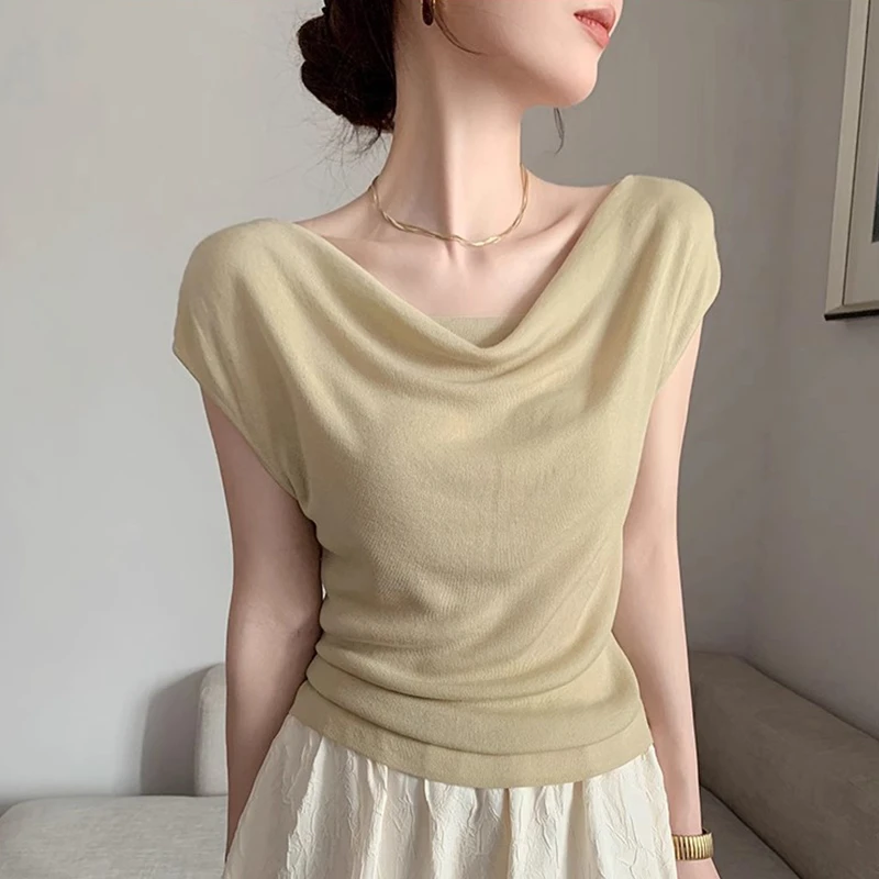 一字肩荡领短袖t恤女夏季新款高级感轻薄修身气质飞飞袖针织上衣