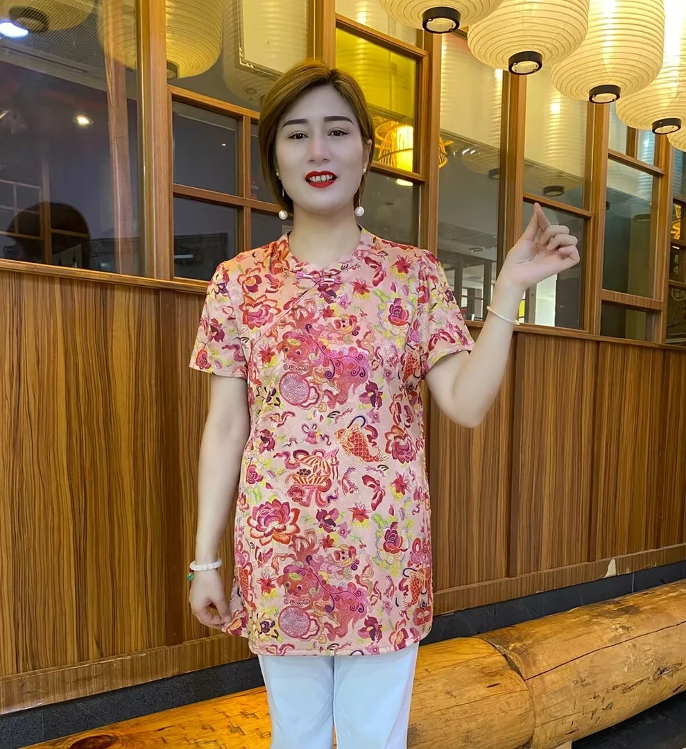 夏季新中式斜襟薄款短袖立领中长款上衣网红圆领碎花女装