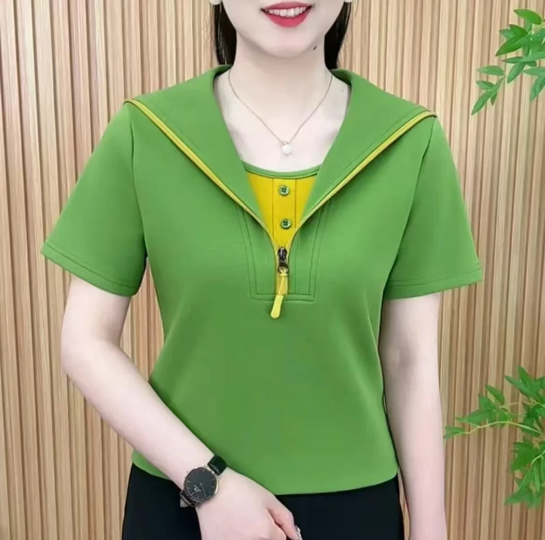 2025夏季时尚洋气新品纯色假两件拉链百搭遮肚子显瘦休闲短袖上衣