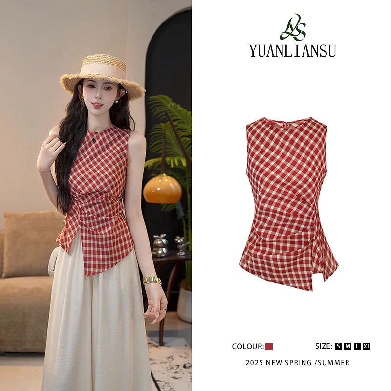 YUANLIANSU/圆脸酥【红格绮梦】夏季新款红色格子设计感显瘦衬衫女