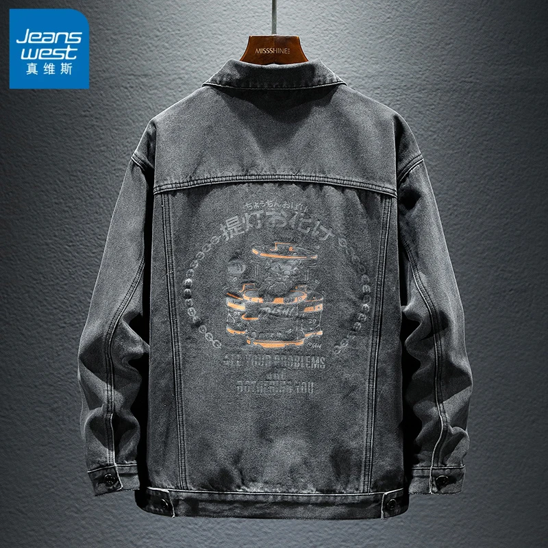 Jeanswest/真维斯牛仔外套 男士高端时尚印花牛仔外套百搭多口袋