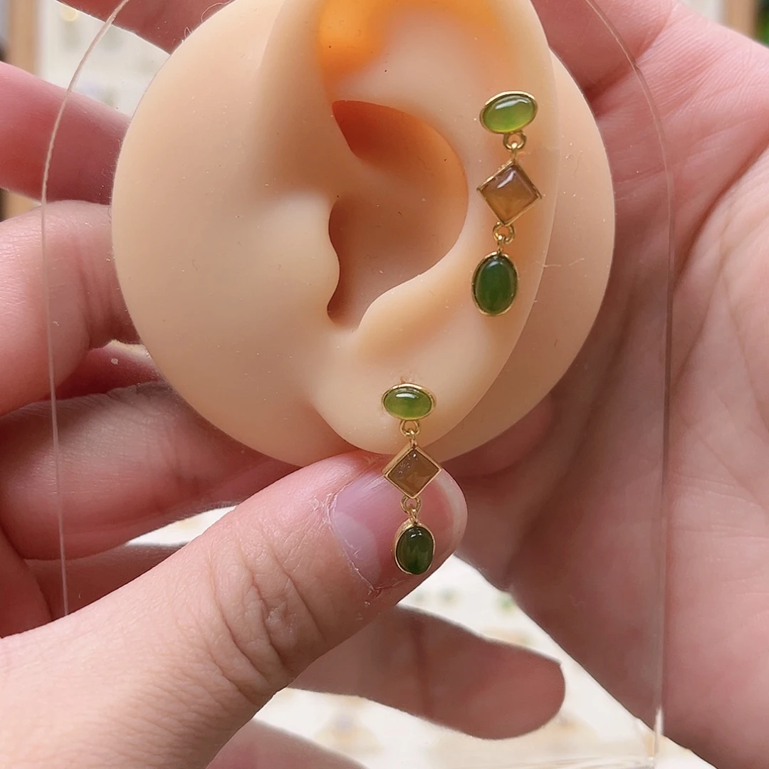 和田玉银S925镶嵌耳饰