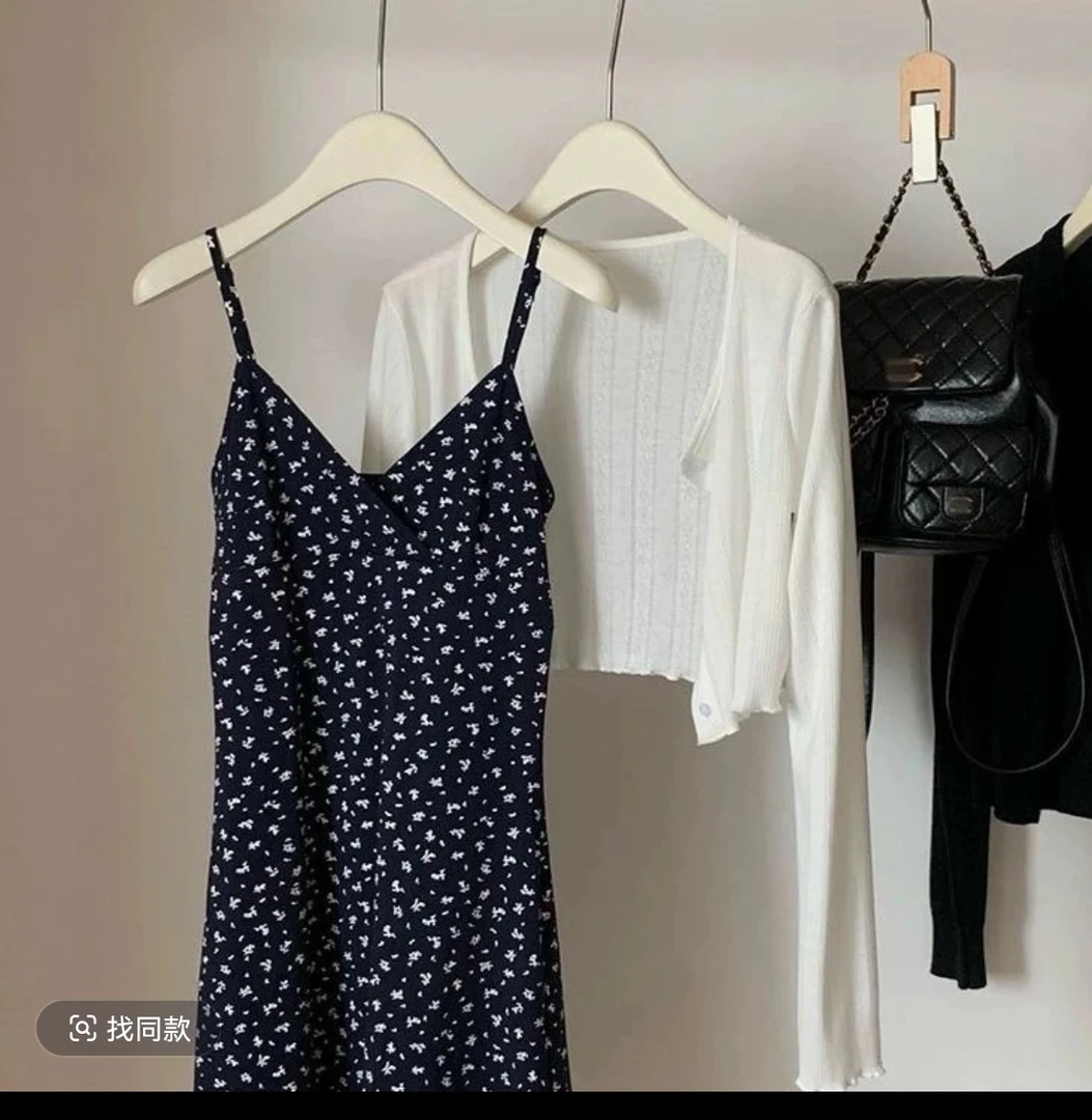 21夏季碎花吊带连衣裙气质收腰显瘦开衫两件套