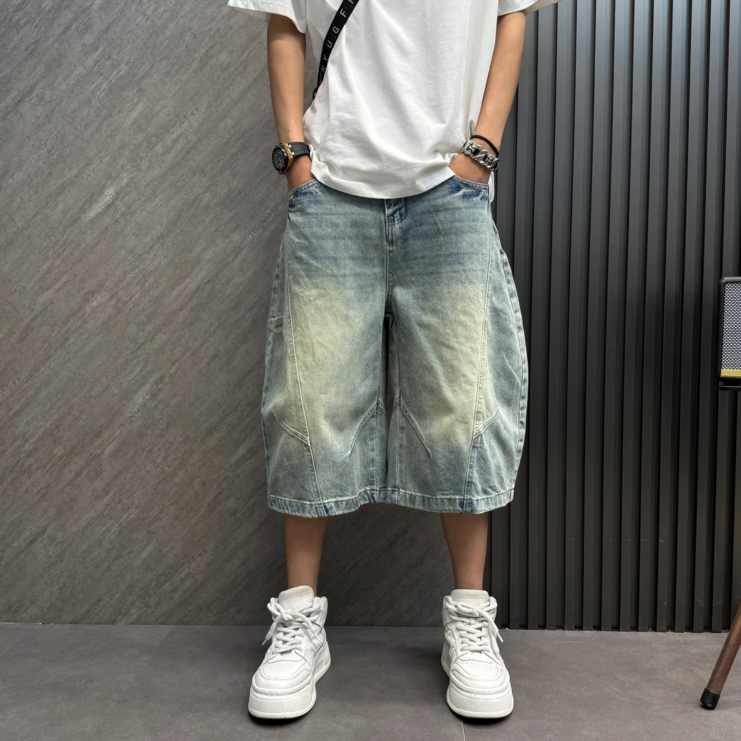 DAFIFY夏季潮牌立体剪裁弯刀七分牛仔裤男美式复古水洗做旧阔短裤