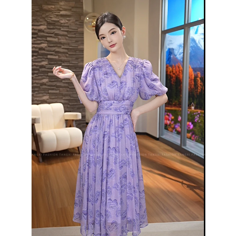 2025年夏季新款【7153】法式高级感气质紫色V领碎花连衣裙子女