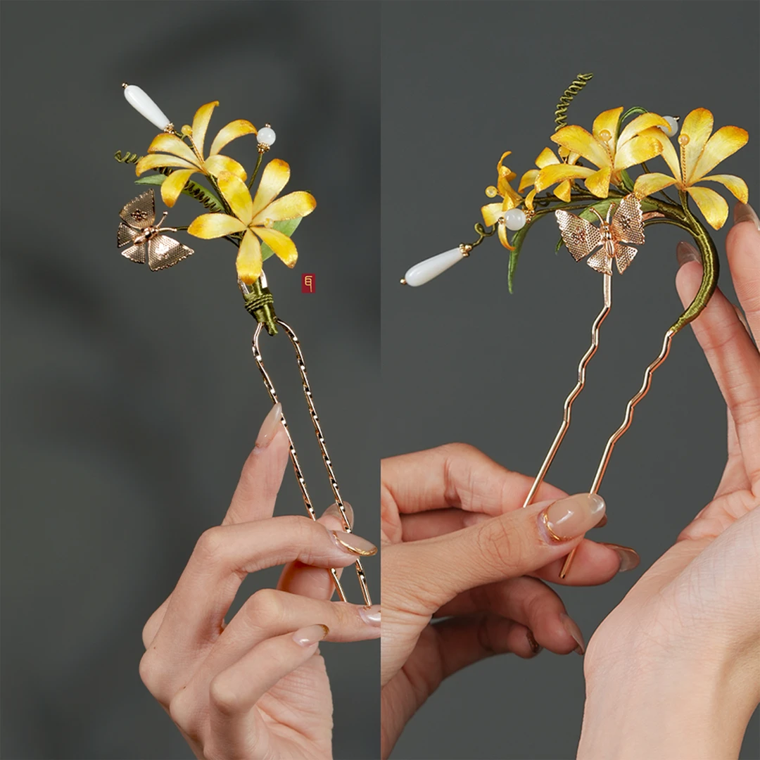 迎春花系列发簪非遗绒花手作
