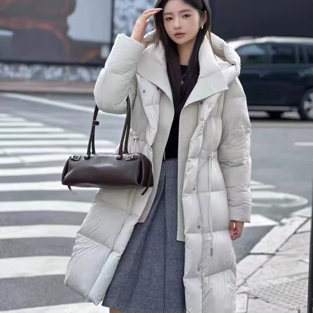 高品质 长款过膝连帽收腰抽绳羽绒服8975